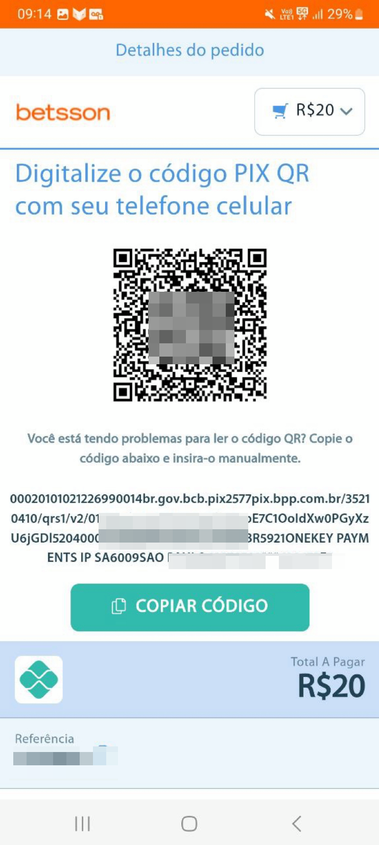 O procedimento de pagamento na plataforma é padrão para o Pix.
