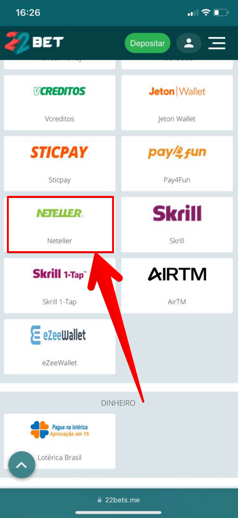Opte por Neteller na lista de pagamentos.