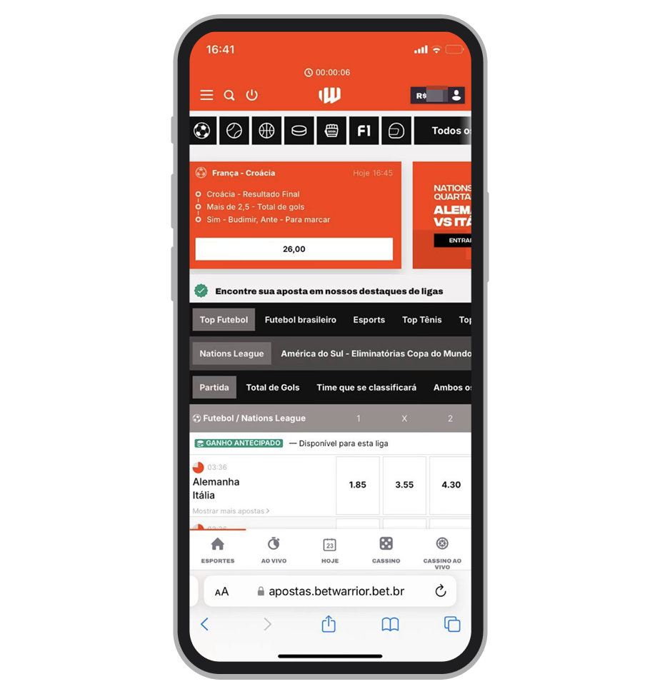 Seção de apostas esportivas no site mobile