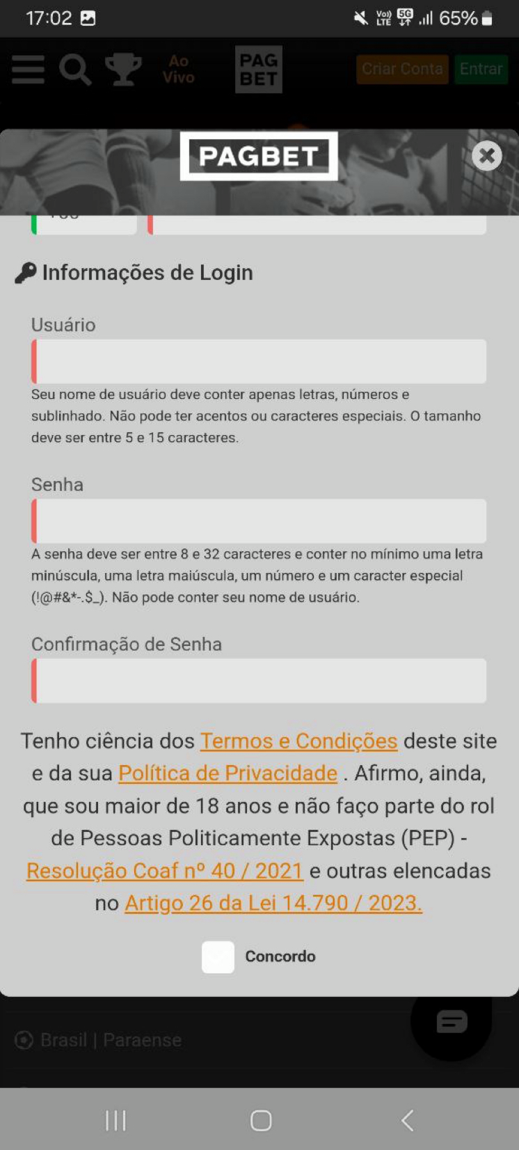 Defina as Informações de Login.