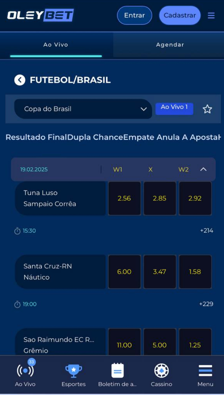 Seção de apostas ao vivo