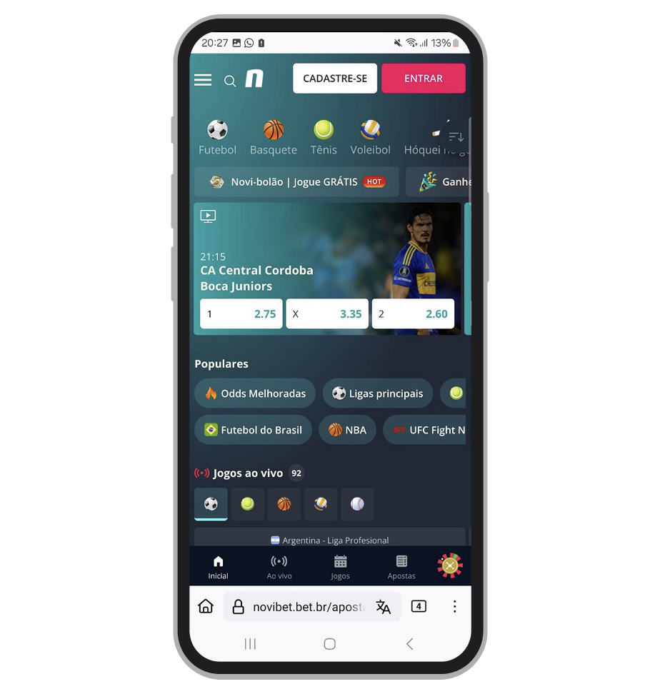 Site mobile da Novibet 