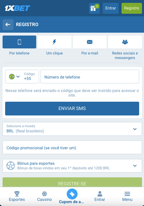Opções de registro na 1xBet