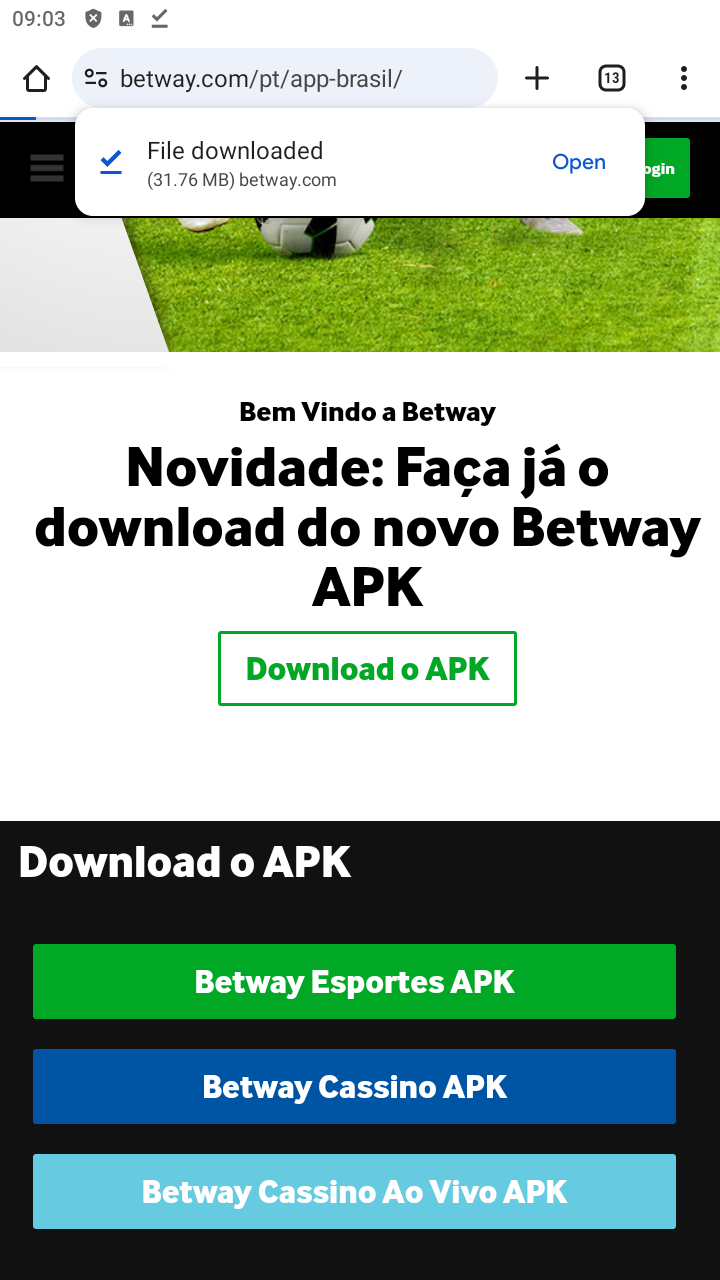Janela pop-up na parte superior informando sobre a conclusão do download do APK
