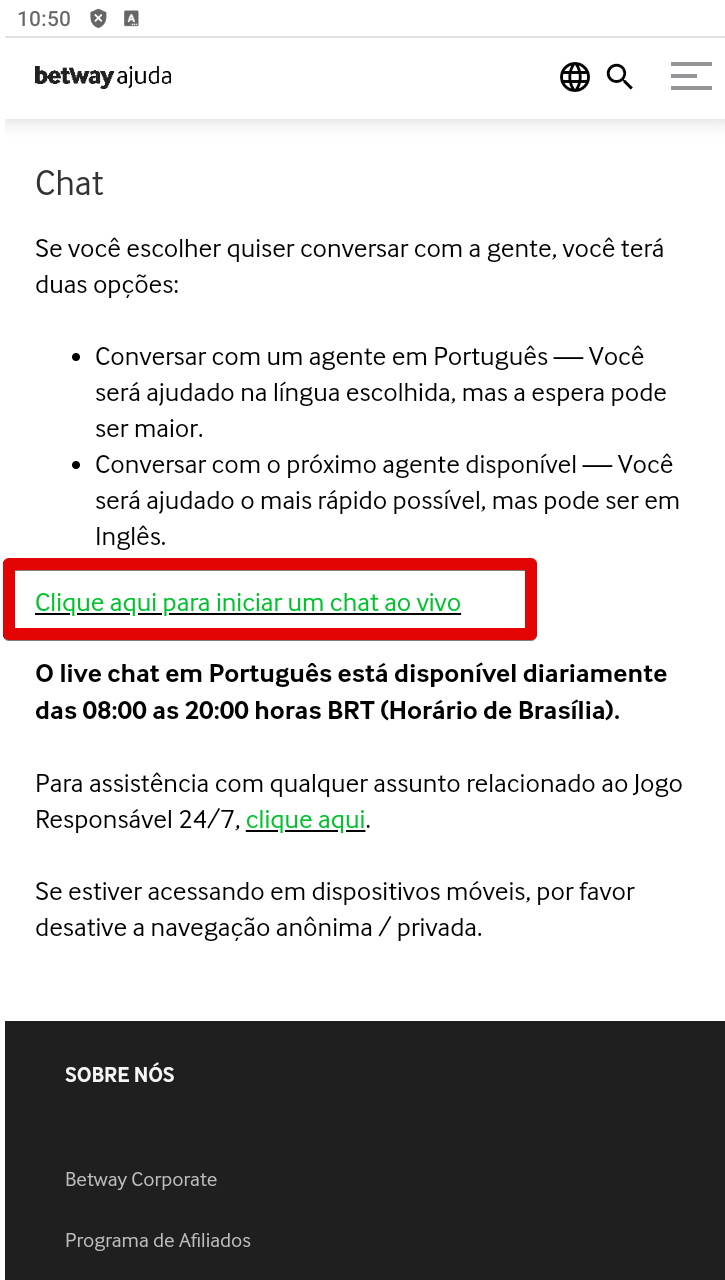 Link que abre o bate-papo ao vivo