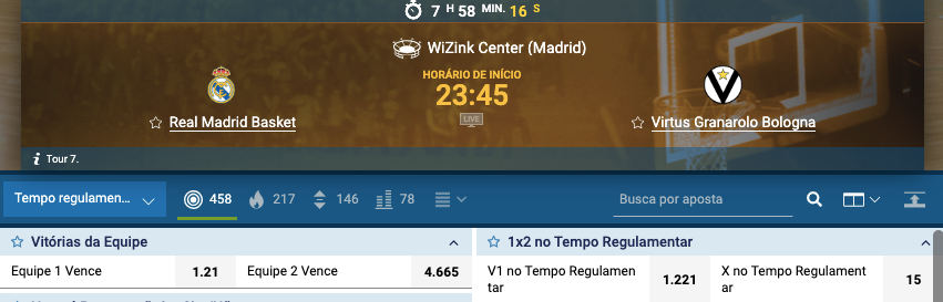  Odds do mercado Vencedor o jogo de basquete Real Madrid vs Virtus Bologna