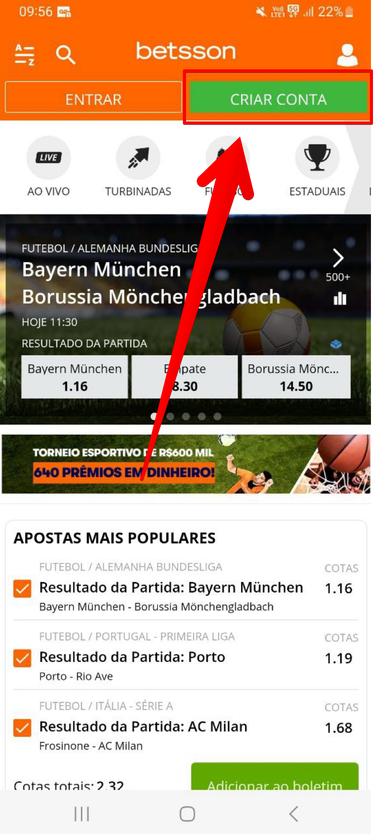 Clique em “Criar Conta”para iniciar cadastro. 