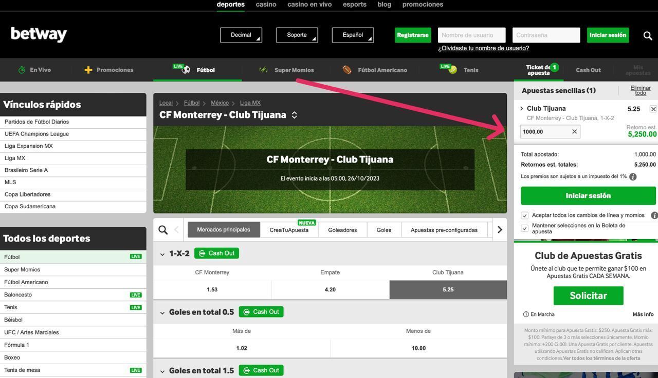 Apuesta simple. Betway