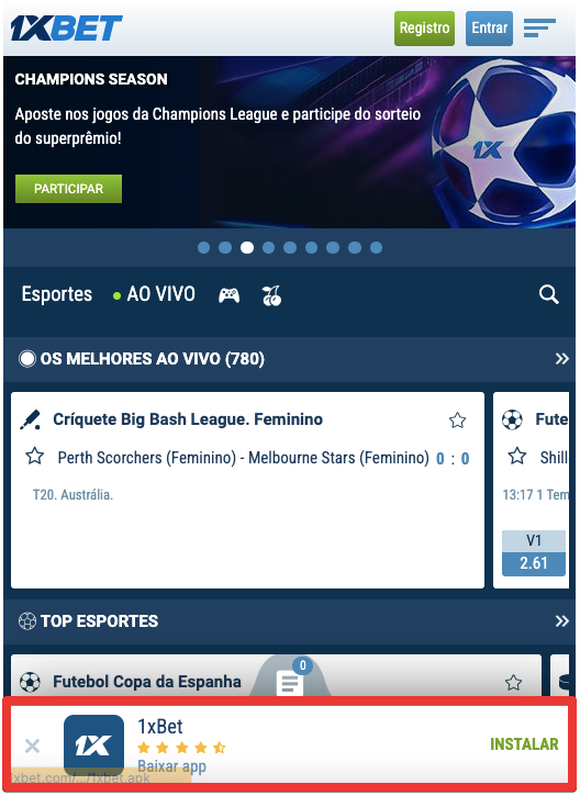 Clique no banner para iniciar a instalação do 1xBet app
