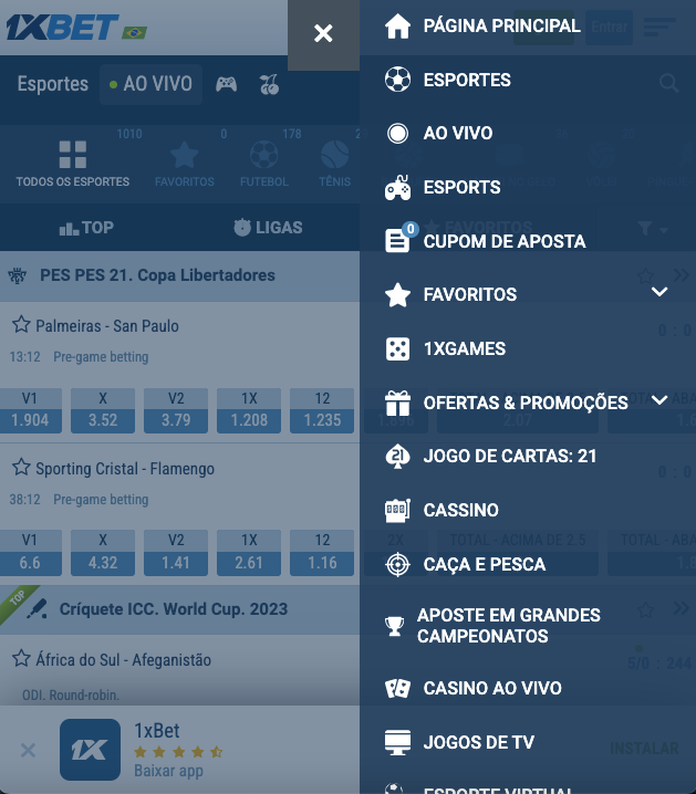 Menu principal da 1xBet
