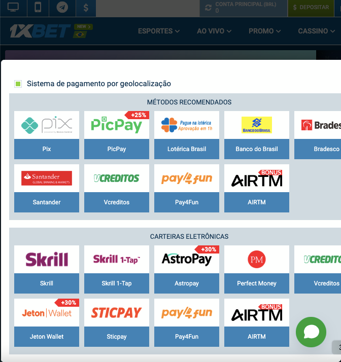 Formas de depósito disponíveis na 1xBet