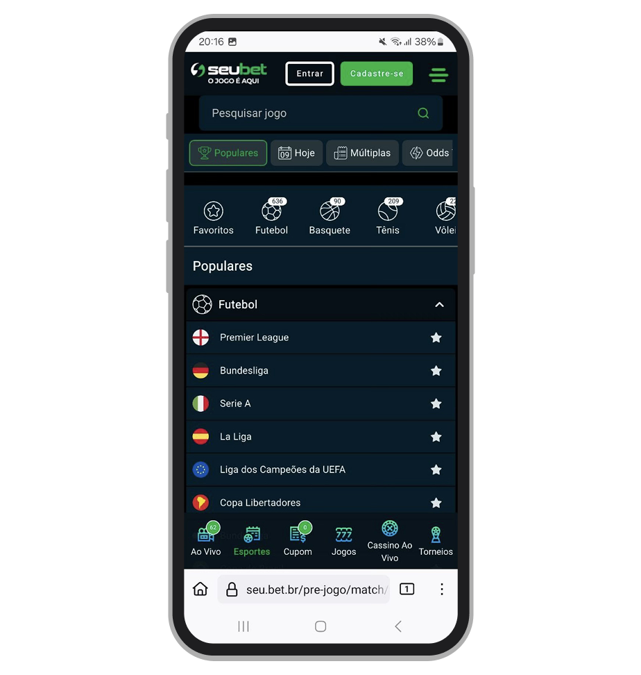 Aba de esportes no site mobile Seubet