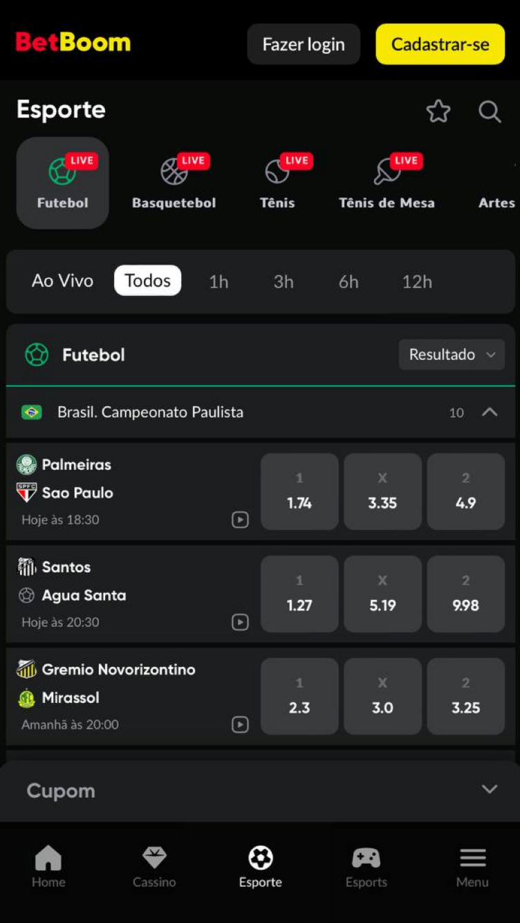 A interface da plataforma BetBoom no mobile