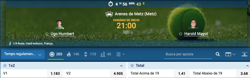 Cotações para a partida de tênis.