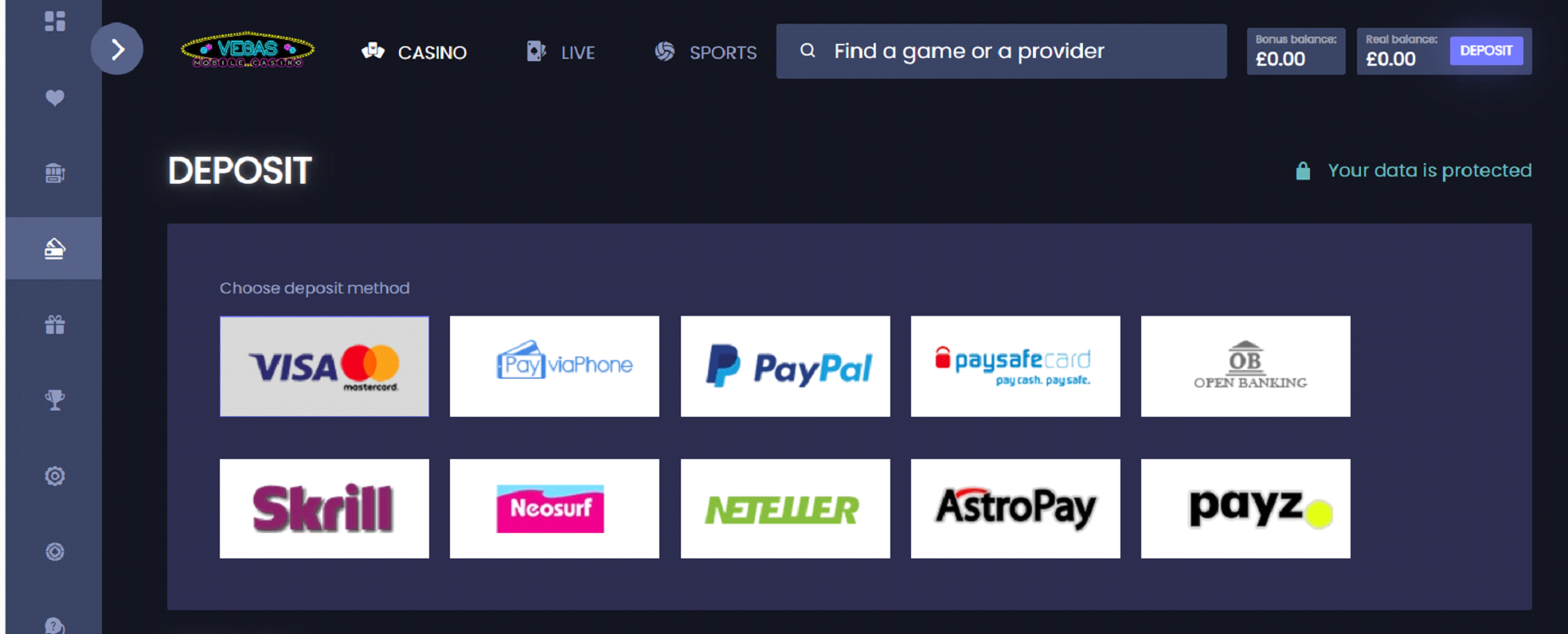 Vegas Mobile Casino deposit methods