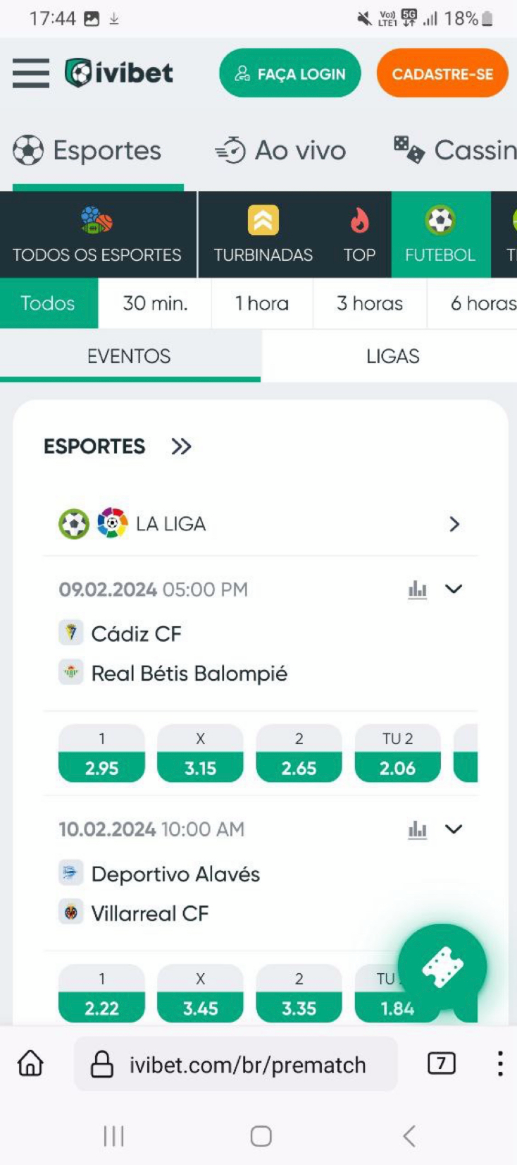Aba de esportes do site móvel acessada no Samsung A33.