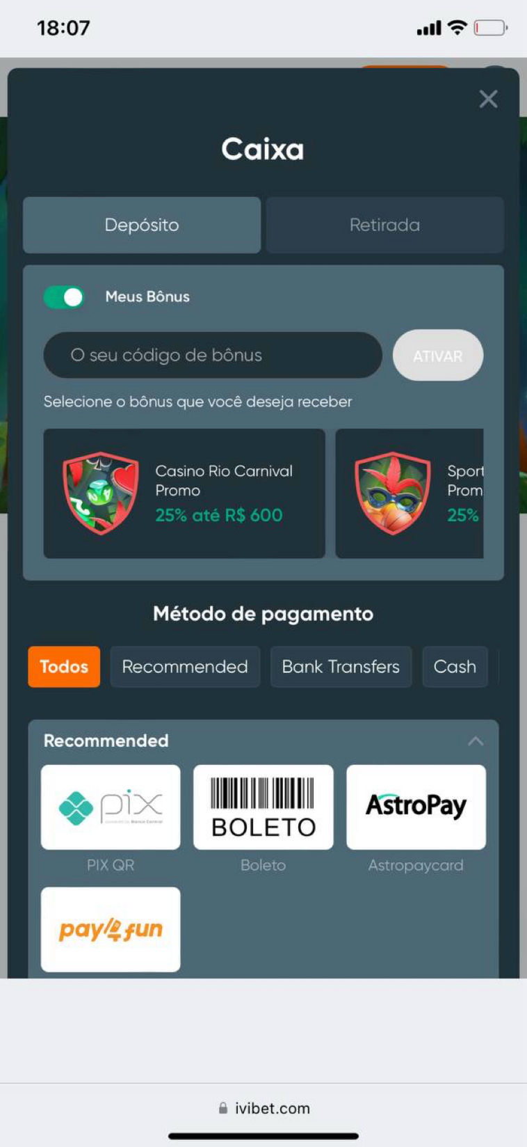 A aba de depósitos no site mobile.
