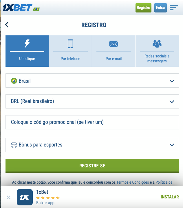 Formulário de cadastro da 1xBet