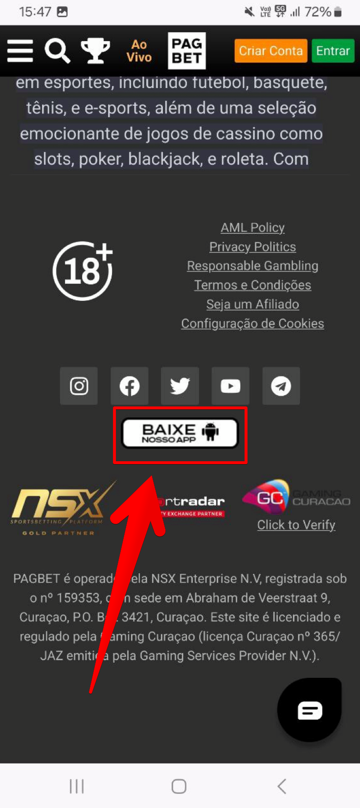 Clique no botão “Baixe nosso app”.