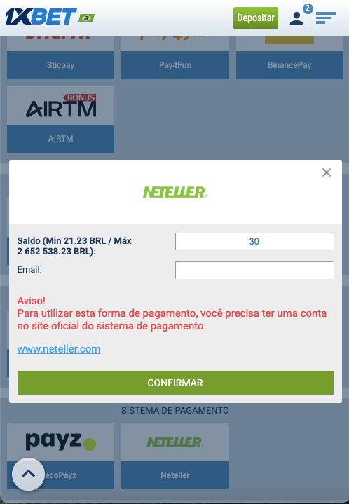Depósito na 1xBet